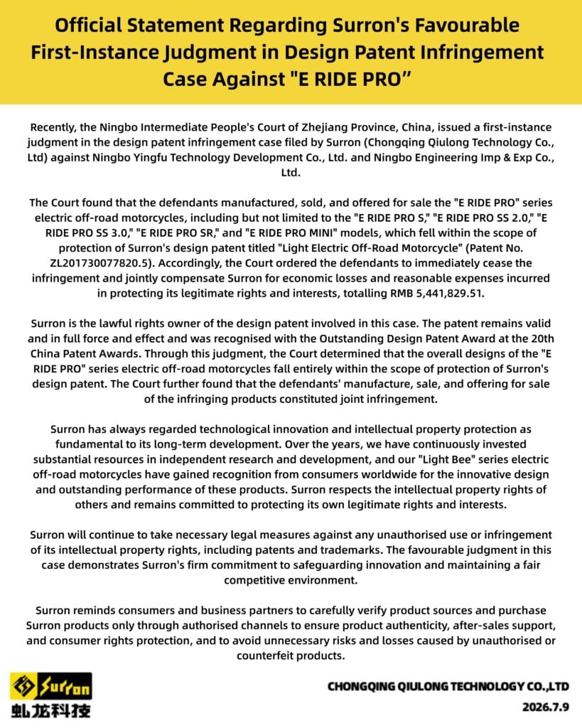 Sur-Ron Wins Again in China, Court Finds E RIDE PRO Infringed Design Rights, Orders About €700,000 in Damages